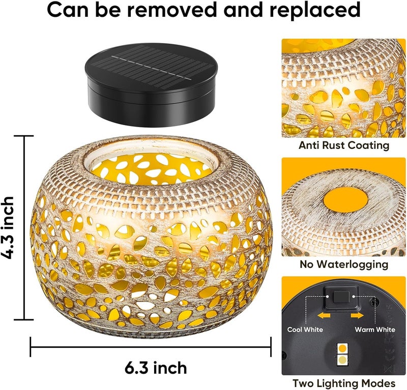 NFEVER Solar Lanterns Outdoor Waterproof: 2 Pack White Gold Hollow Out Metal Solar Lights - 2 Lighting Colors Outside Patio Garden Yard Porch Tabletop Decorations - Unique Gifts for Women Mom Wife - Image 2